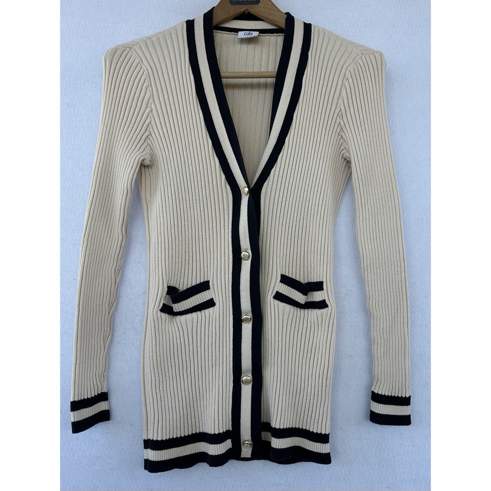 Cabi Acedemia Nautical Cardigan Sweater Longline Cotton Cream Blue Small Preppy